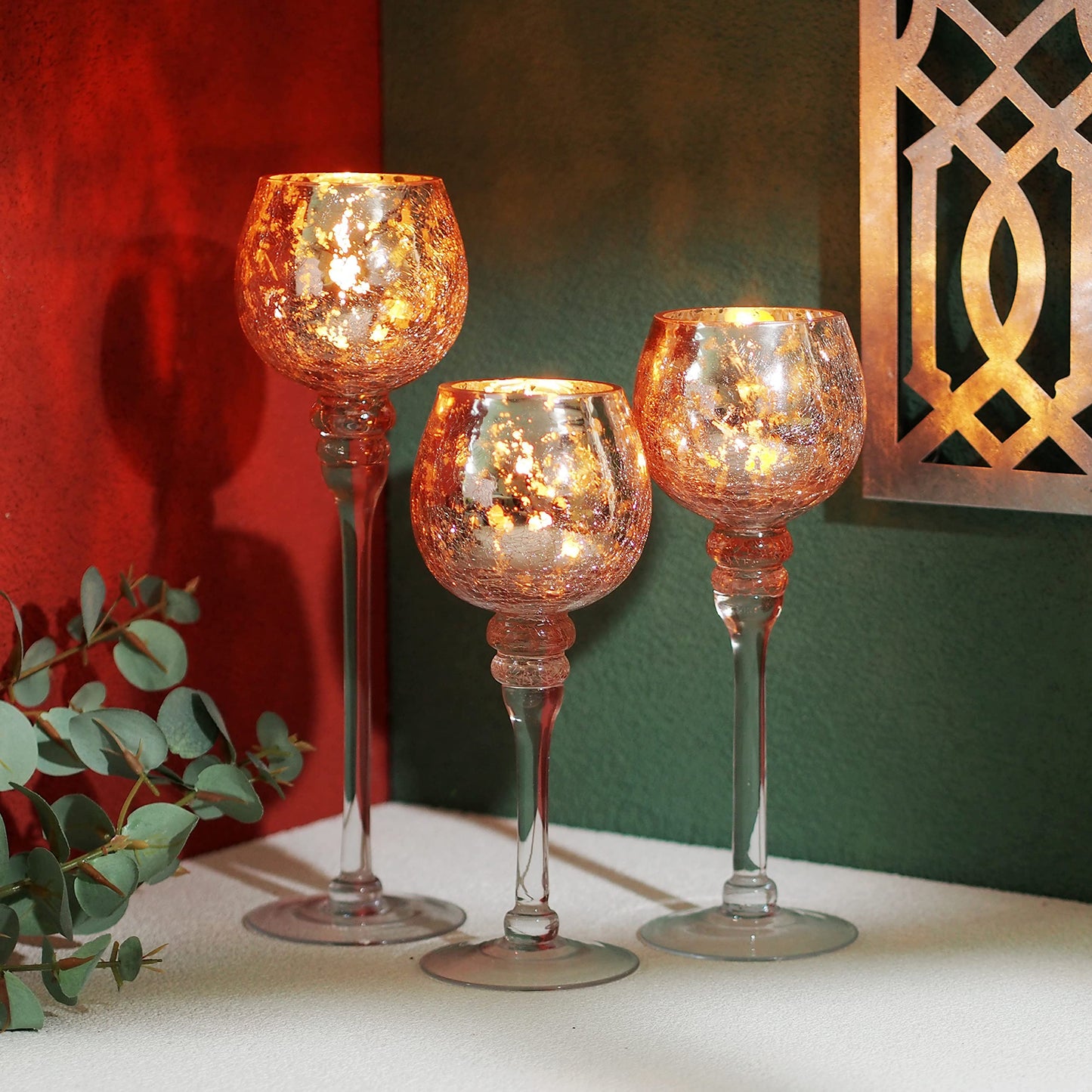 Hosley® Elevate Ambiance with Set of 3 Crackle Rose Gold Glass Tealight Holders 12 Inch, 10 Inch, 9 Inch Sophisticated Decor for Chic Candle Displays