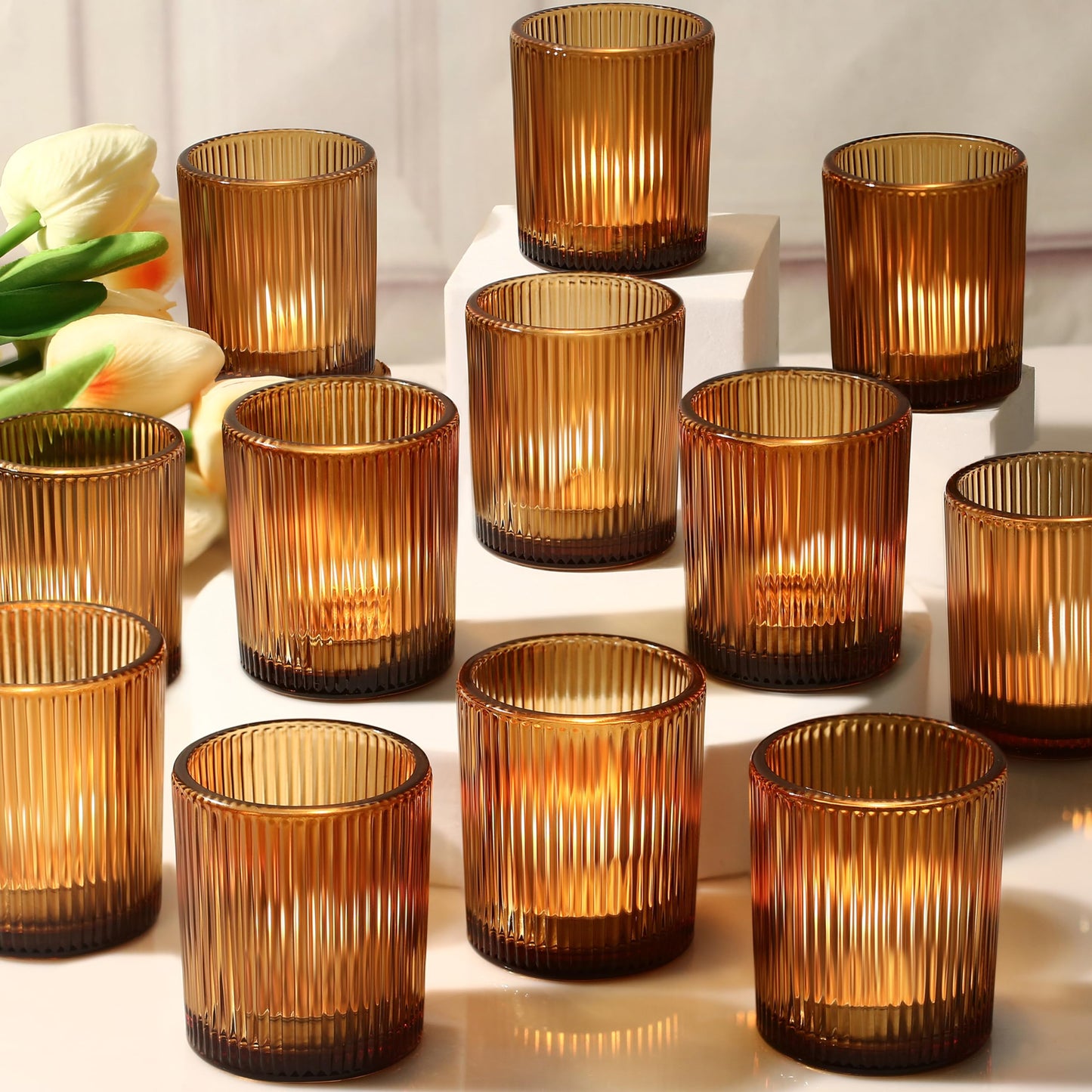 24 Pack Amber Votive Candle Holders Thanksgiving Decor, Glass Small Tea Lights Candle Holders for Table Centerpiece for Home Decor Party Fall Boho Decor(24,Amber)