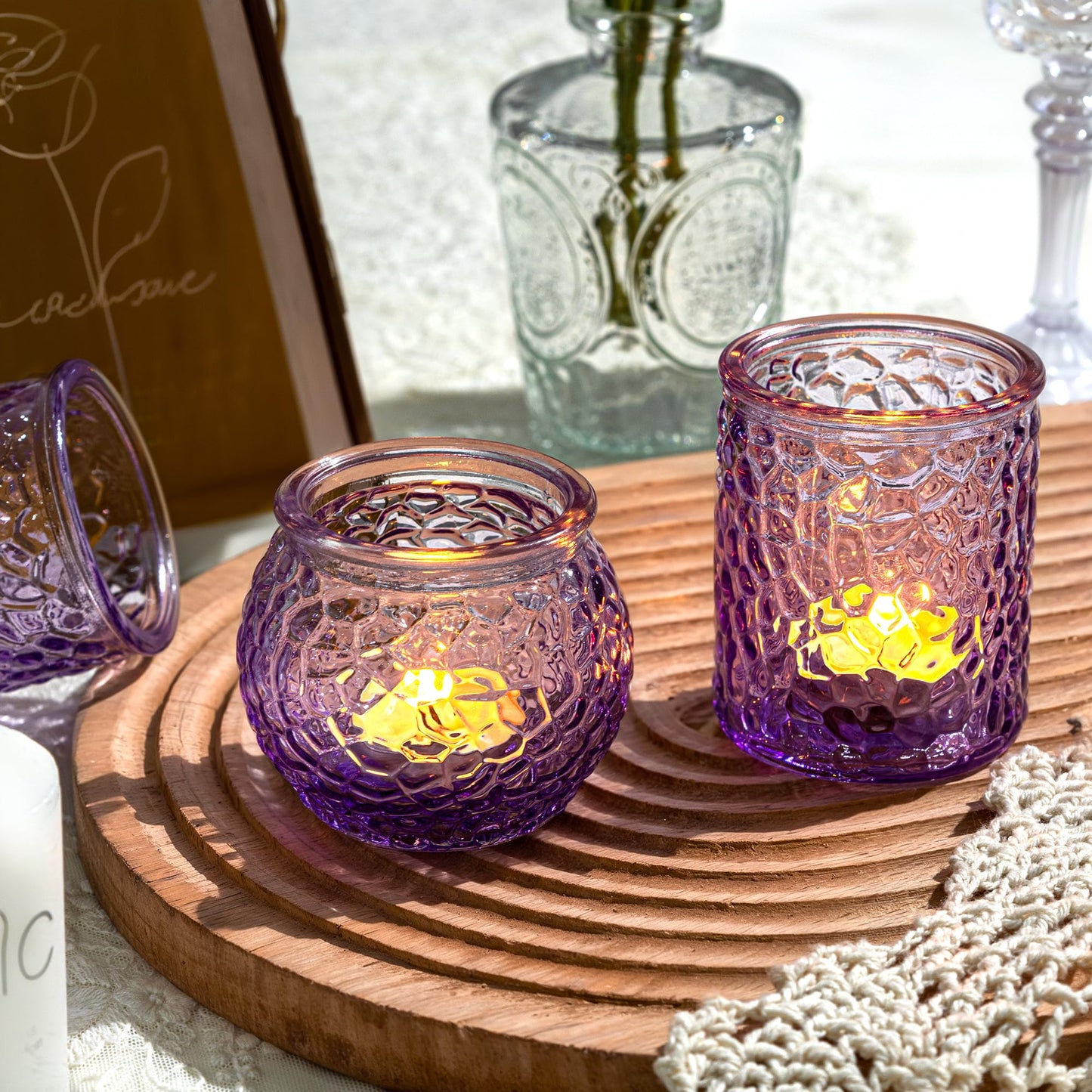 24-Piece Purple Glass Votive Candle Holders Set – Tealight Candle Holder Glass Bulk with 12 Round & 12 Hammered Textured Cups, Purple Votive Candle Holders for Weddings, Parties, Home