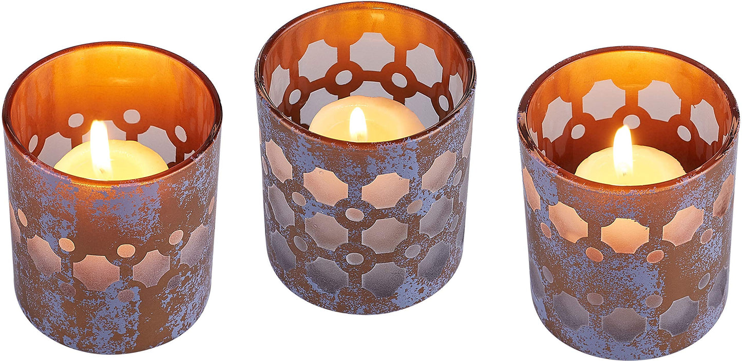 Pavilion - Bronze and Purple Sponge Patterned Frosted Glass Set of 3 Patterned Tealight Candle Holders