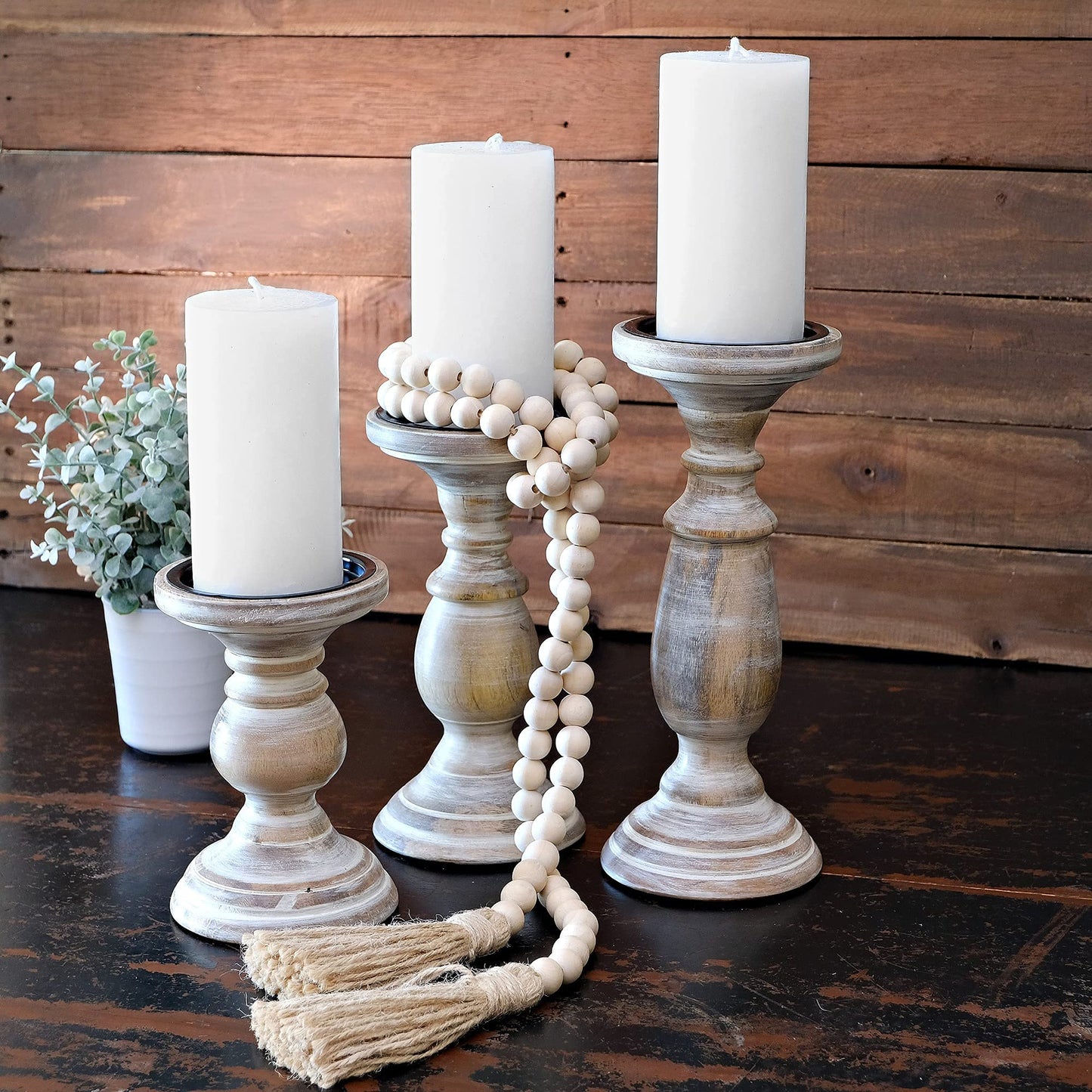Candle Holders for Pillar Candles, Wooden Candleholders Table Centerpiece, Pillar Candle Holders Set of 3, Wood Rustic Farmhouse Fireplace White