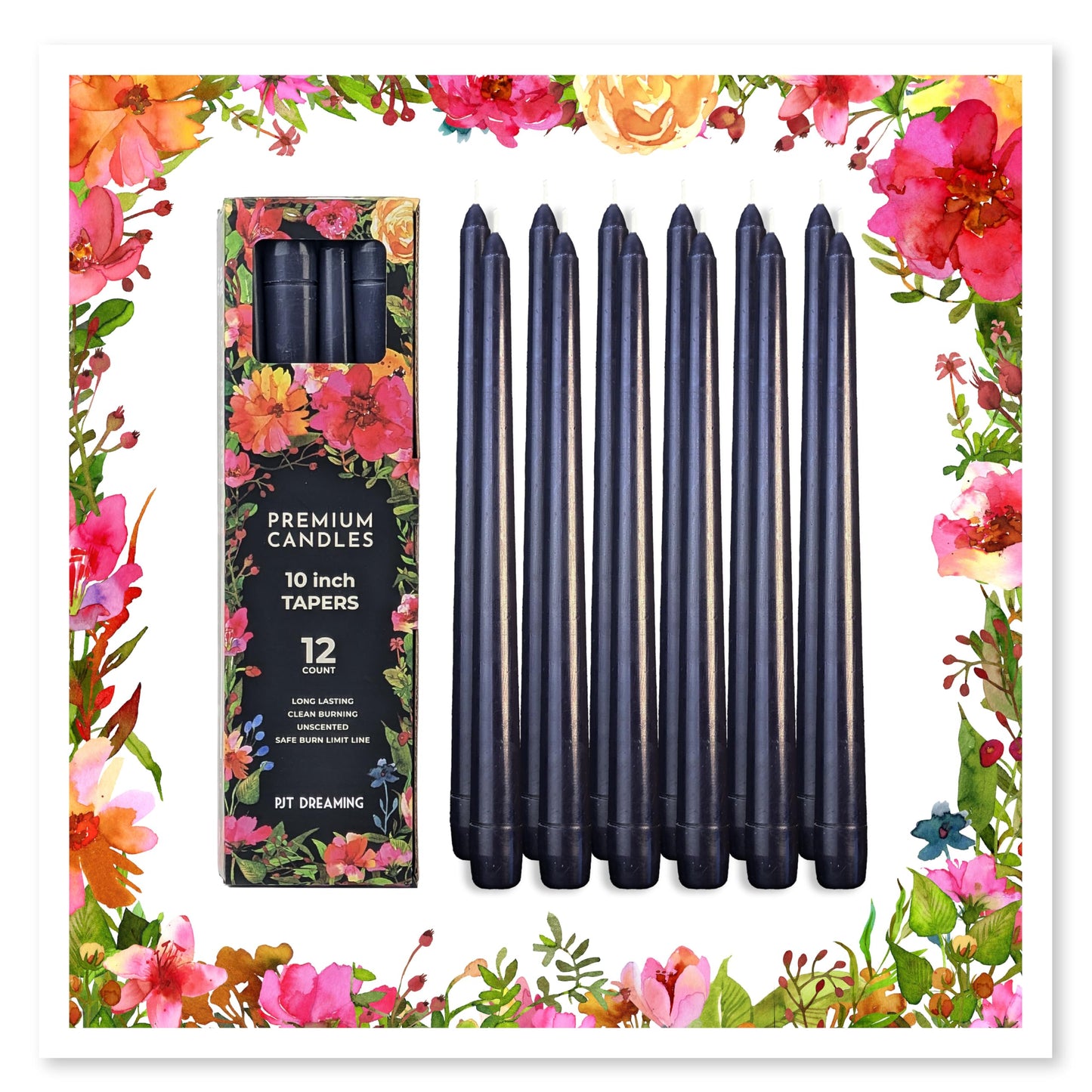 Charcoal Gray Taper Candles 10 Inch, 12 Pack - Grey Tapers-Unscented Dripless Dinner Candles, 7 Hour Burn Time, Premium Solid Wax Candlesticks for Weddings, Parties, Events & Home Decor