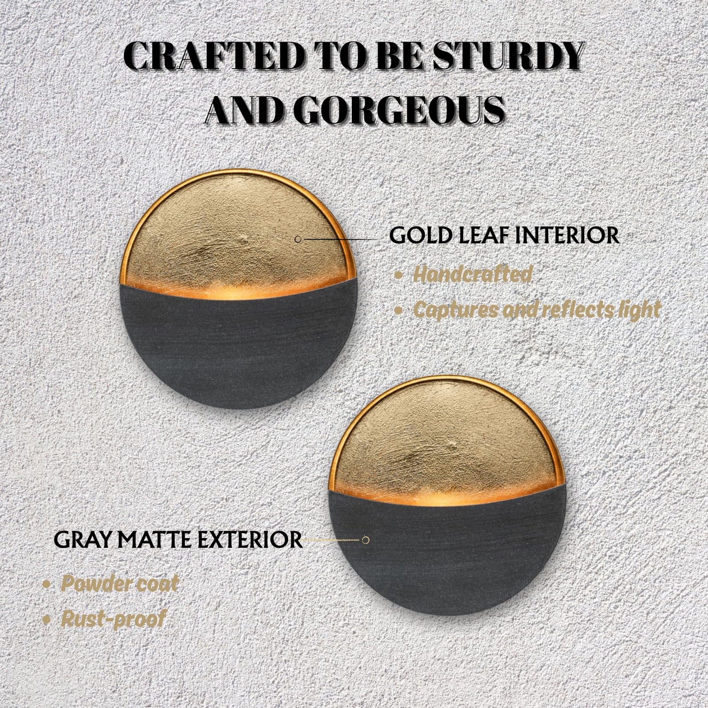 Eclipse Candle Sconces Set of 2 - Modern Gray Metallic Wall Candle Holders with Gold Foil Interior, Christmas Wall Decor for Living Room, Bedroom, or Modern Farmhouse Decor
