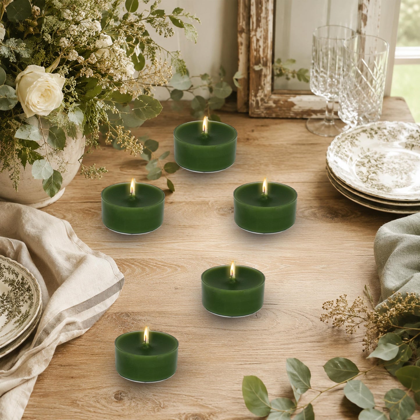 Green Tea Candles Tea Lights Smokeless Cedar Scent Tealight Candles Handmade Tealights Set of 24 Long Burning for Wedding Meditation Dinner Home Decor