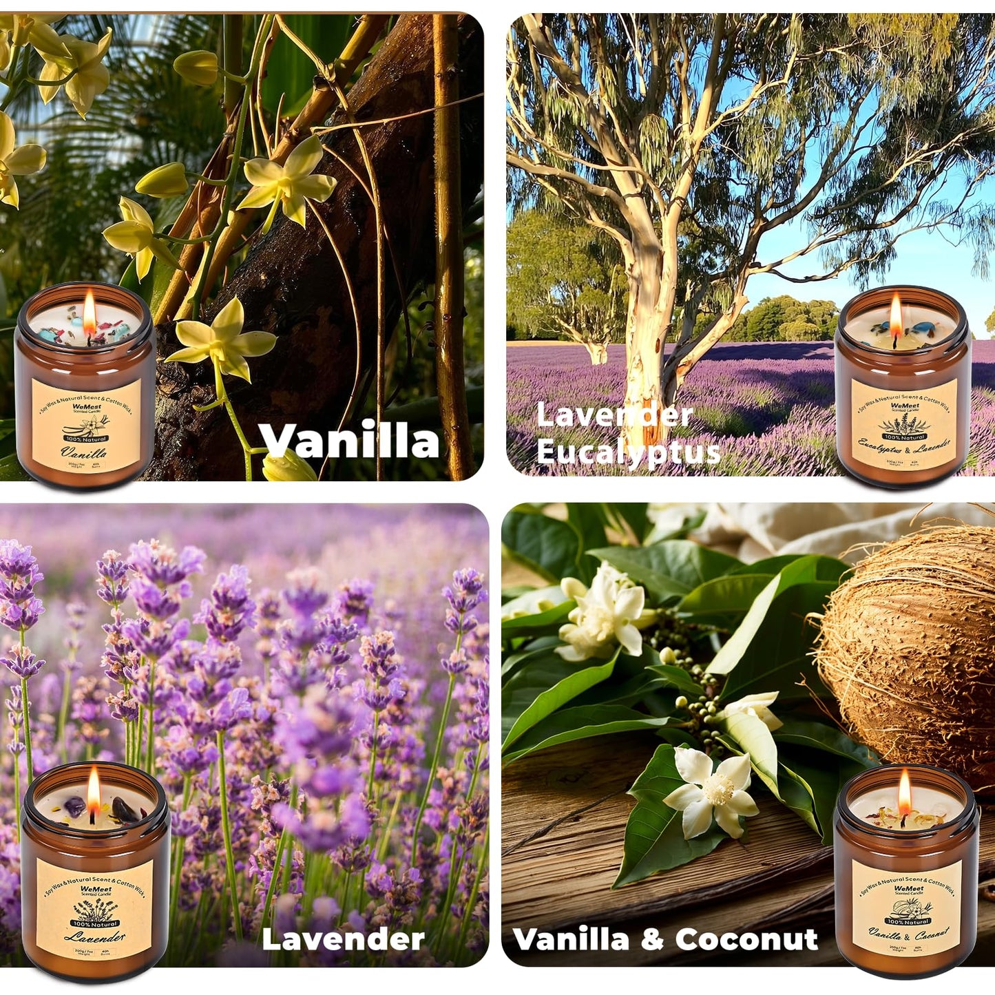 WEMEET Scented Candles Set, 4 Pack Aromatherapy Candle with Crystals, 28 oz 160 Hour Long Lasting Candle, Soy Wax Scented Candle with Dried Flowers, Gifts for Men, Women, Birthday, Mother's Day