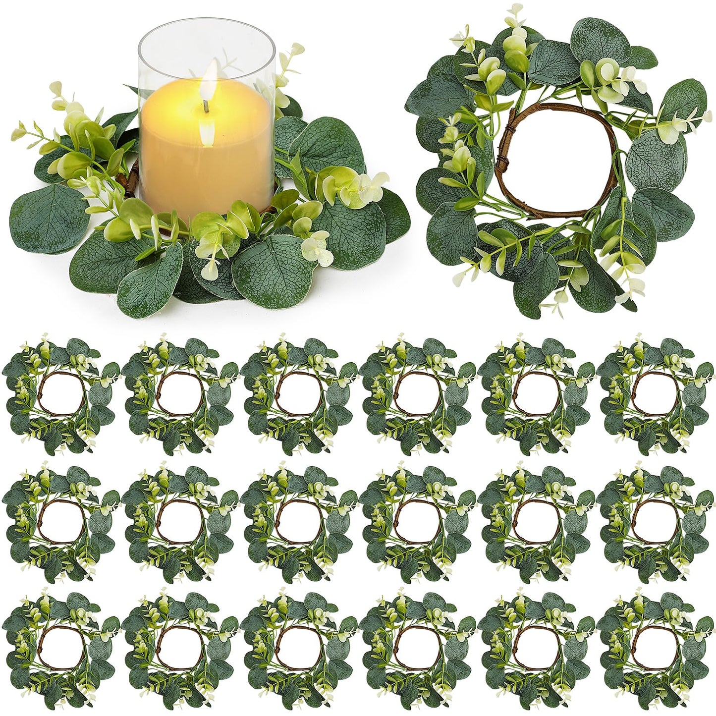 Tobilu 20 PCS Eucalyptus Candle Rings Wreaths - Artificial Greenery Wreath Green Leaves Pillar Candle Holder for Tabletop Wall Farmhouse Wedding Table Centerpieces Kitchen Home Decor