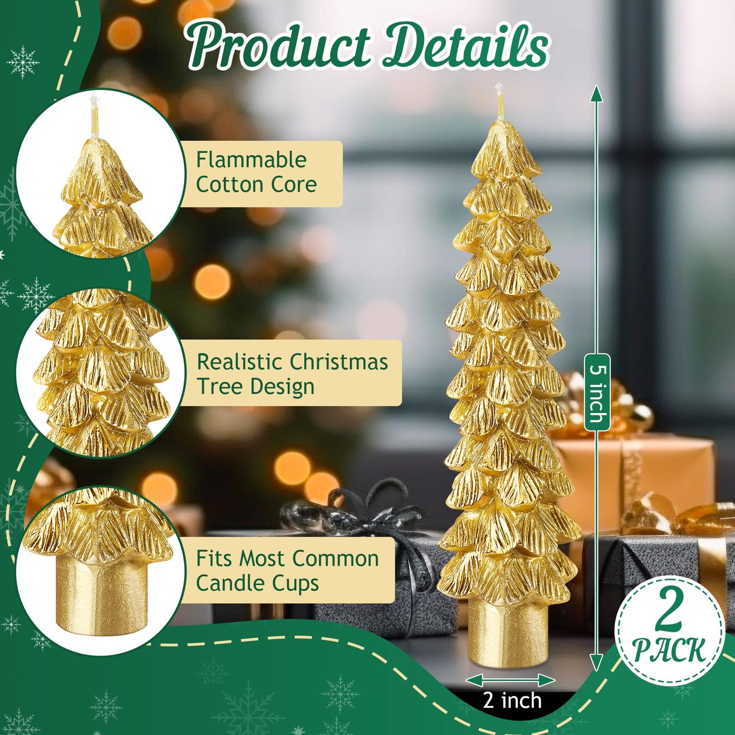 Ceoighe 2 Pack Christmas Tree Candles, 5 Inch Unscented Tree Shaped Taper Beeswax Candles for Christmas Holiday Decor Table Centerpiece Display Party Banquet Gift (Gold)