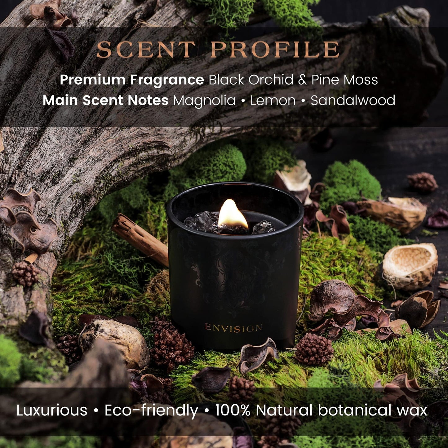 Black Orchid & Pine Moss Scented Crystal Candle - Luxury Manifestation Candle with Smoky Quartz and Clear Quartz Crystals - 7.4oz Natural Soy, Coconut & Beeswax, Wood Wick