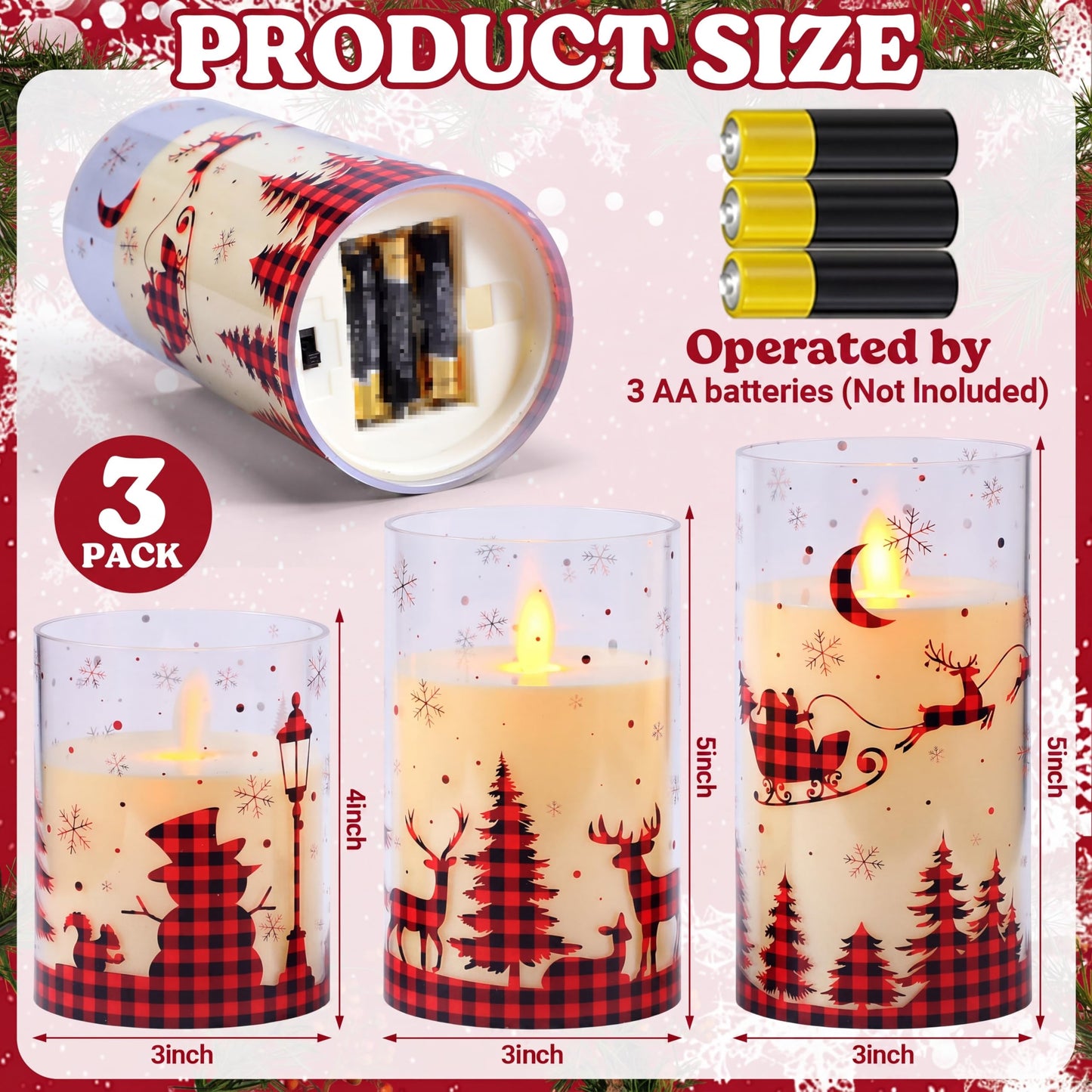 Blosssound 3 Pack Buffalo Plaid Christmas Flameless Candles Battery Operated Xmas Red Glass Flameless Flickering Candles LED for Home Fireplace Winter Holiday Table Decorations Christmas Gifts