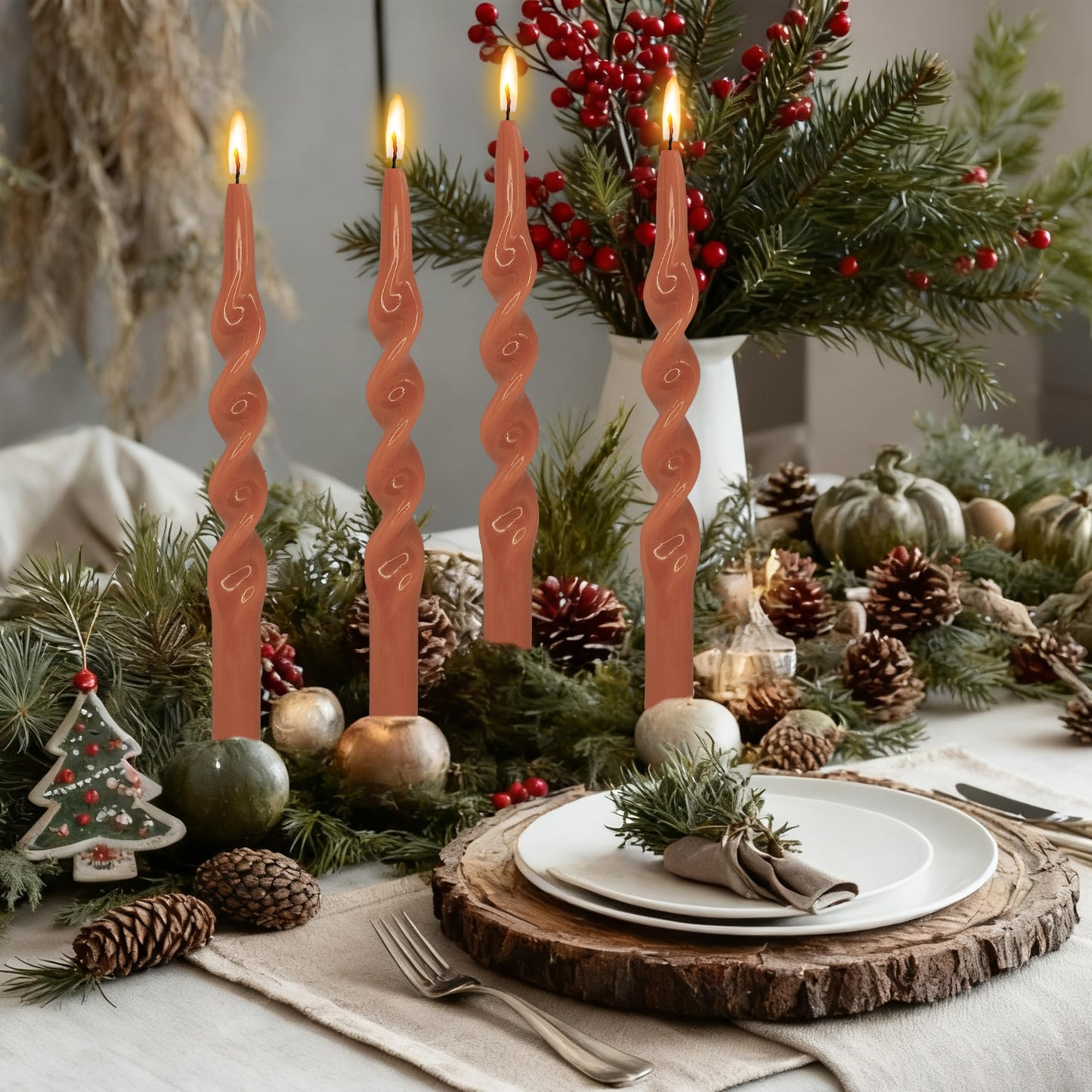 10 Inches Spiral Taper Candles Sticks Pumpkin Twisted Candle Dripless Unscented Long Candles, Handmade Candlesticks for Wedding Dinner Decor, Set of 4