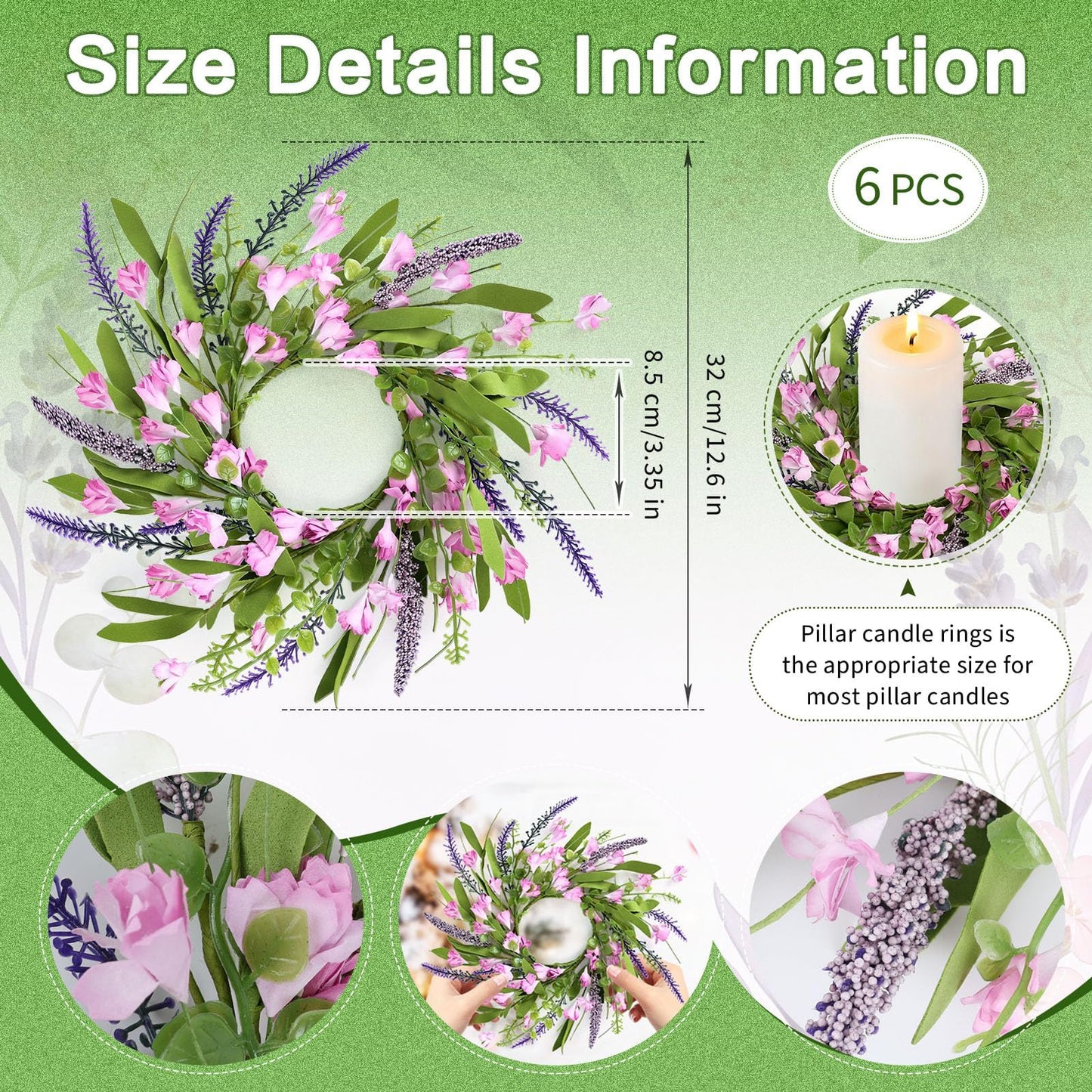 6 PCS Spring Summer Artificial Flowered Wreath Candle Rings Forsythia Lavender Candle Rings Pillar Holder Wreath Mini Floral Candle Rings Wreaths Kitchen Cabinet Swags for Wedding Home Tabletop Decor