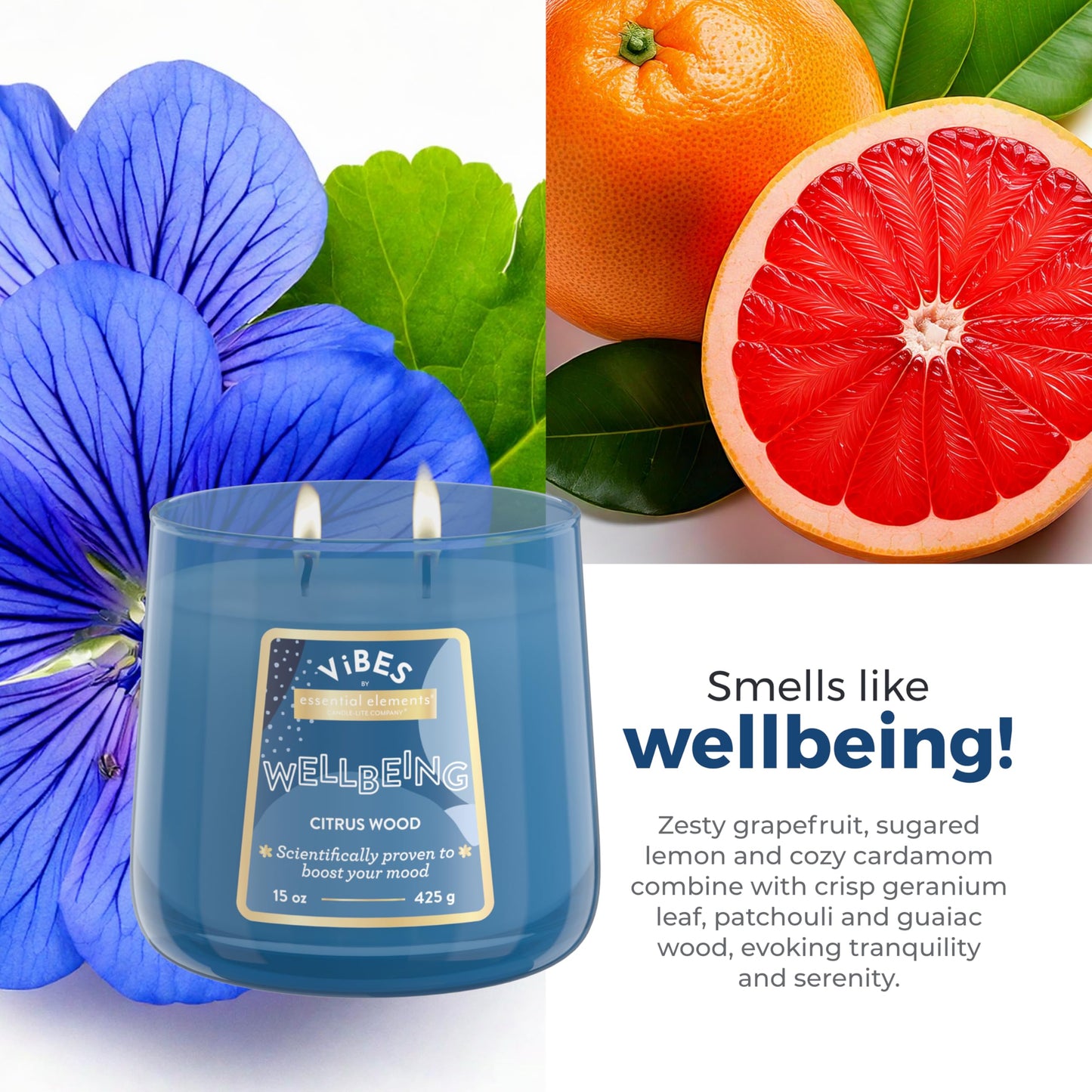 Candle-Lite Vibes Citrus Wood Mood-Enhancing Scented Candles, 15 oz Jar, Aromatherapy, Proudly Poured in The USA, 2-Wick, 86 Hours Burn Time, Perfect Relaxation Gift