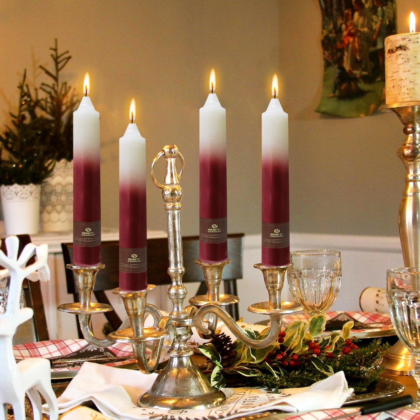 Christmas Metallic Red Candle 9 Inch Tall Smokeless Taper Candles 4 Pack Unscented Dinner Candle for Christmas Dinner