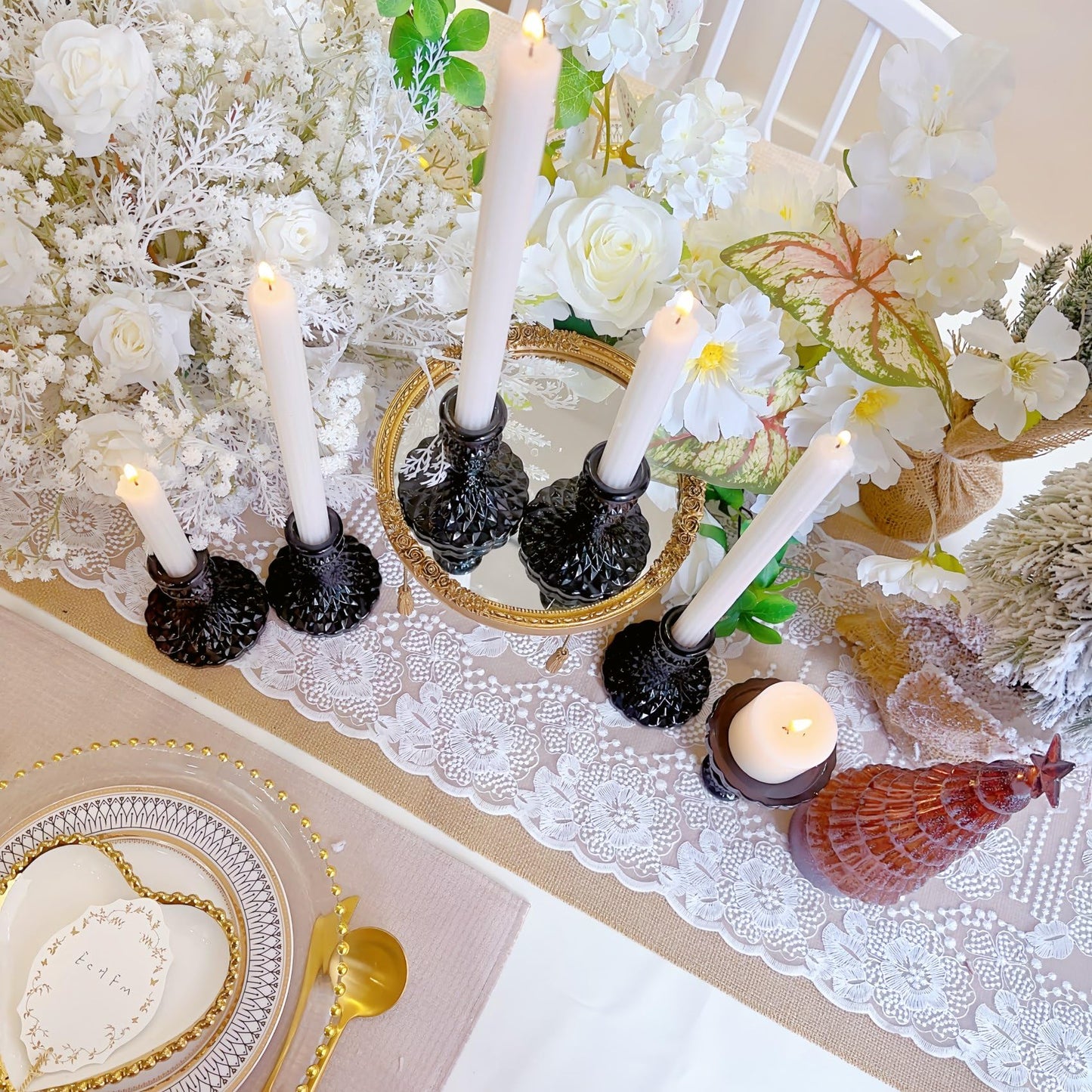 ECHFSM Glass Candlestick Holder,Striped Taper Candle Holders,Set of 6 Candle Stand for Table Centerpieces, Home Decor,Weddings,Festival and Parties (Black Diamond)