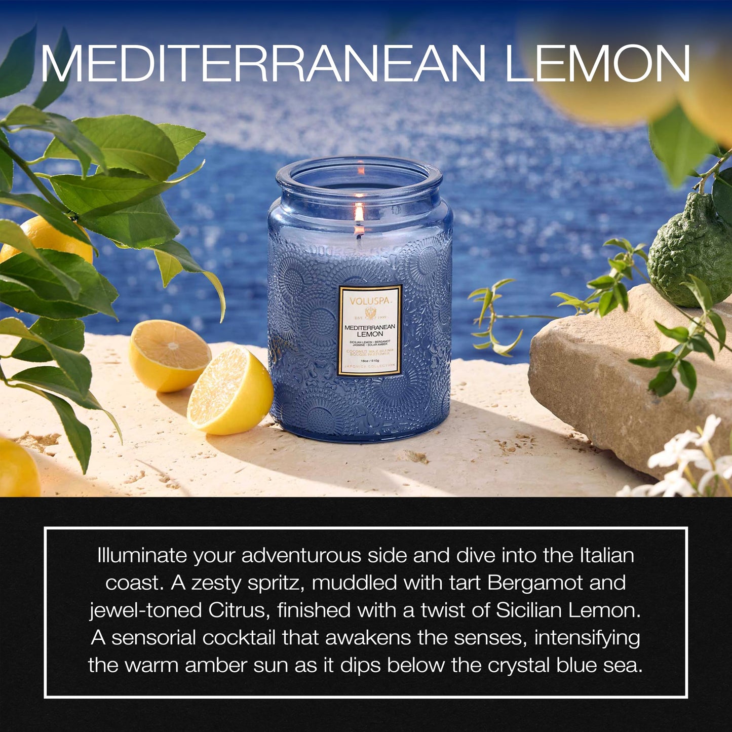 Voluspa Mediterranean Lemon Candle Jar, 18 oz, Coconut Wax Blend, Large Scented Candles for Home, 100 Hour Burn Time, Poured in the USA