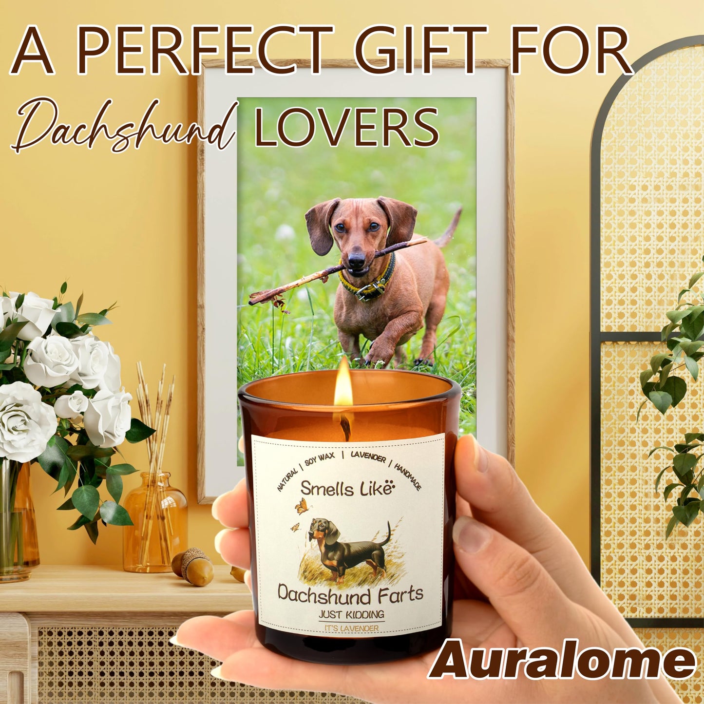 Auralome Dachshund Gifts for Women - Dog Mom Candles Lavender Natural Weiner Dog Farts Candles Pet Friendly Safe Scented Candle Themed Gifts for Women Soy Wax Present Idea for Pet Lovers Decor