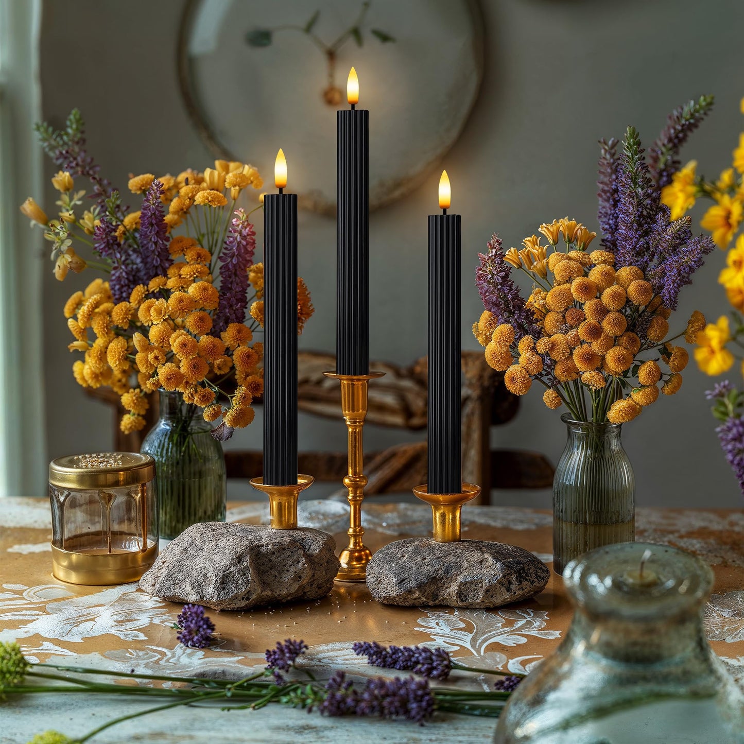 West Ivory 12 Pack, 10" LED Flameless Black Fluted Ribbed Grooved Taper Candles, Remote & 24h Timer Memory, On/Off Button, Dimmable, Flicker Mode, Battery Operated, Christmas Menorah Wedding