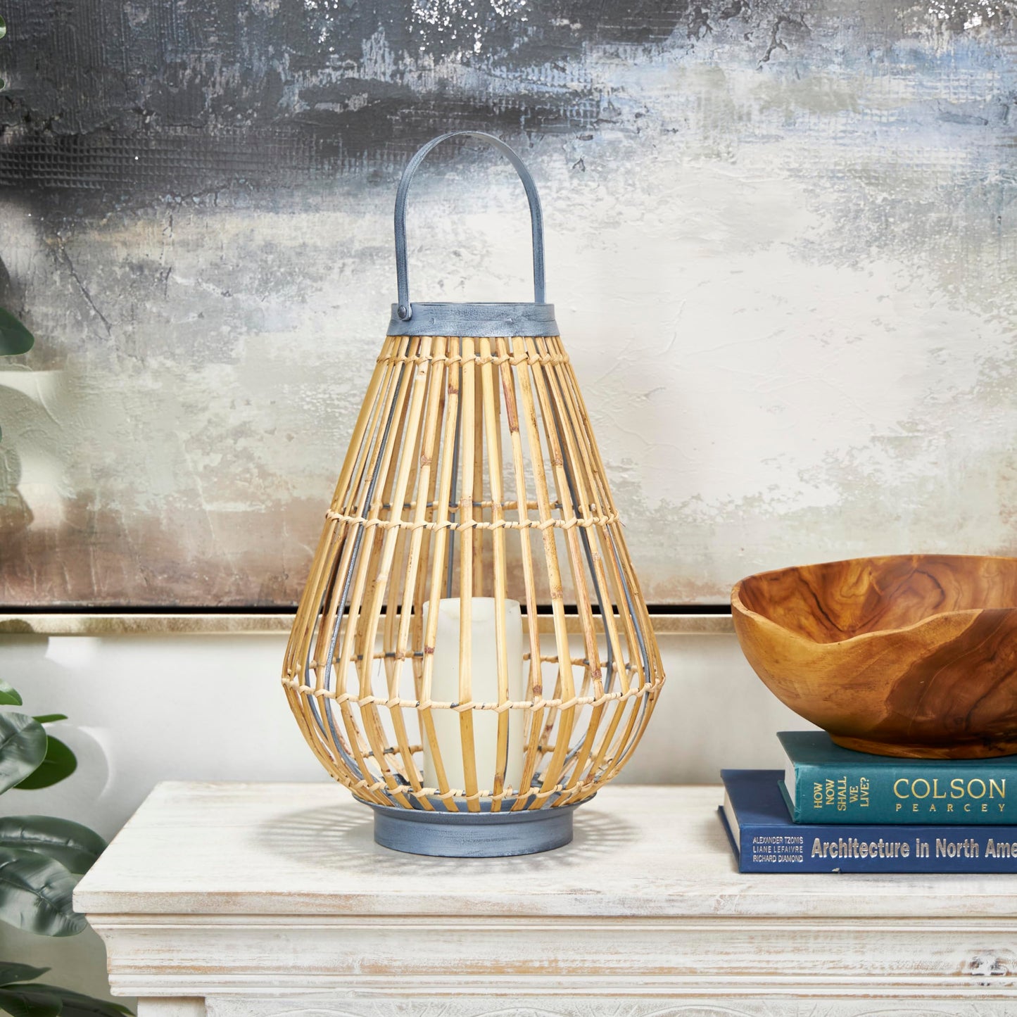 Deco 79 Bamboo Wood Handmade Open Framed Candle Lantern with Blue Metal Accents and Handle, 11" x 11" x 16", Brown