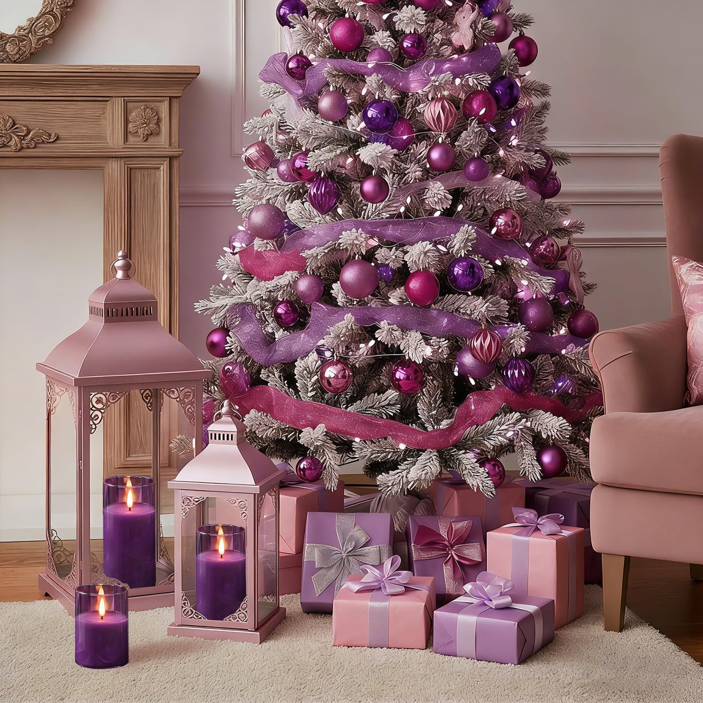 Homemory Purple Glass Flameless Candles, Battery Operated LED Pillar Candles with Remote Control and Timer, Radiance Candles, Real Wax, Set of 3,D3 xH4 5" 6"