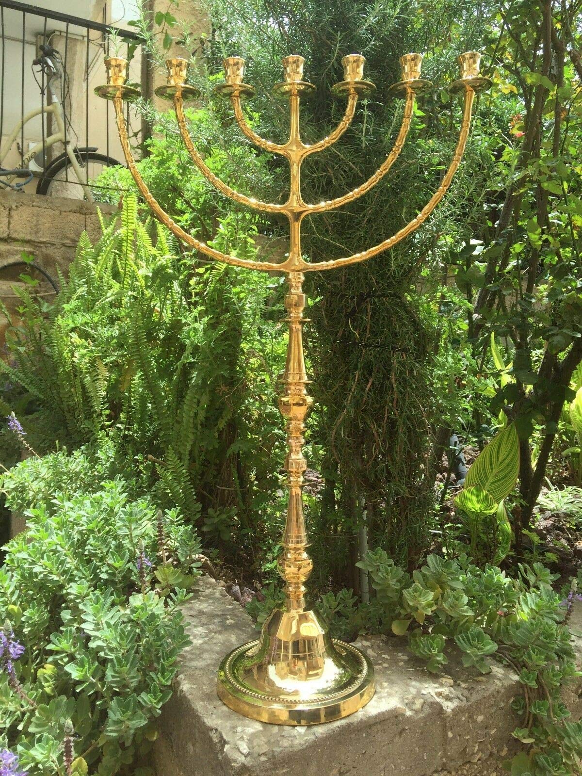 Giant Temple Menorah 7 Seven - Branch | 32-Inch (81cm) Solid Brass Candelabra | Large Gold Jewish Menora for Candles & Oil Cups