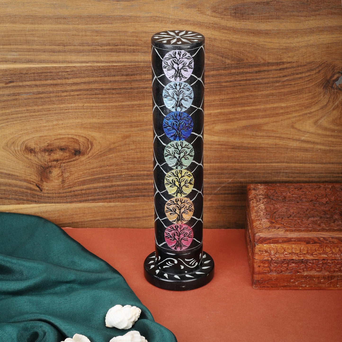 Ajuny Marble Incense Stick Tower Burner Tree of Life Carving Round Tealight Candle Stand Black Incense Stick Holder with Ash Catcher for Yoga Meditation Fragrance Home and Office Décor (10.5 Inch)