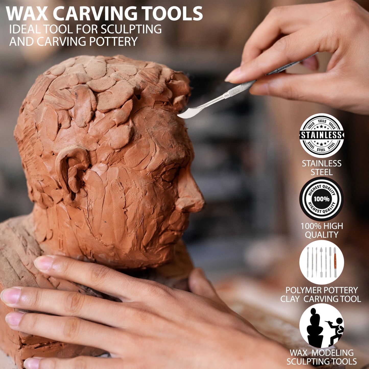 ABECIOUS Wax Carving Tools Set (7Pcs), Metal Clay Sculpting Tools, Stainless Steel Double Ended Premium Dab Tool for Carving, Modeling, Sculpting and Shaping