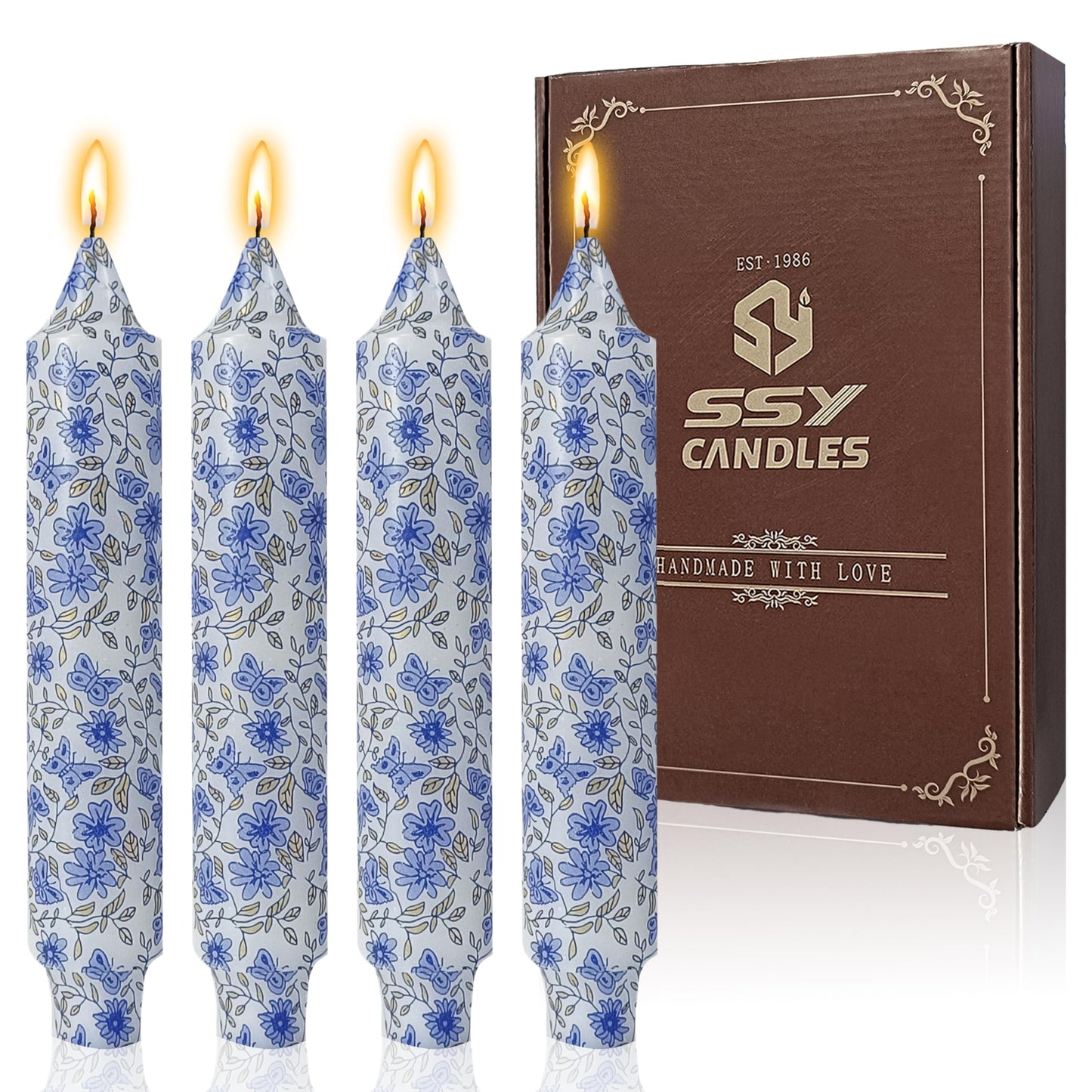 Short Blue and White Taper Candles 7 Inch Handmade Floral Candle Sticks Smokeless Unscented Clean Burning Candles for Meditation Sailing Housewarming Gift Wedding Birthday Home Dinner