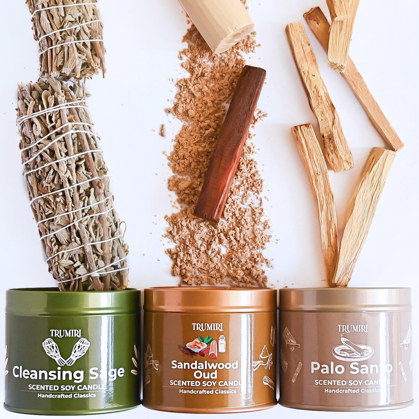 Cleansing Sage, Palo Santo, Sandalwood Oud - Soy Candles Non Toxic - Highly Scented Long Lasting with Essential Oils - Variety Pack of 3 x 5oz - for Home Aromatherapy Meditation Gift Travel