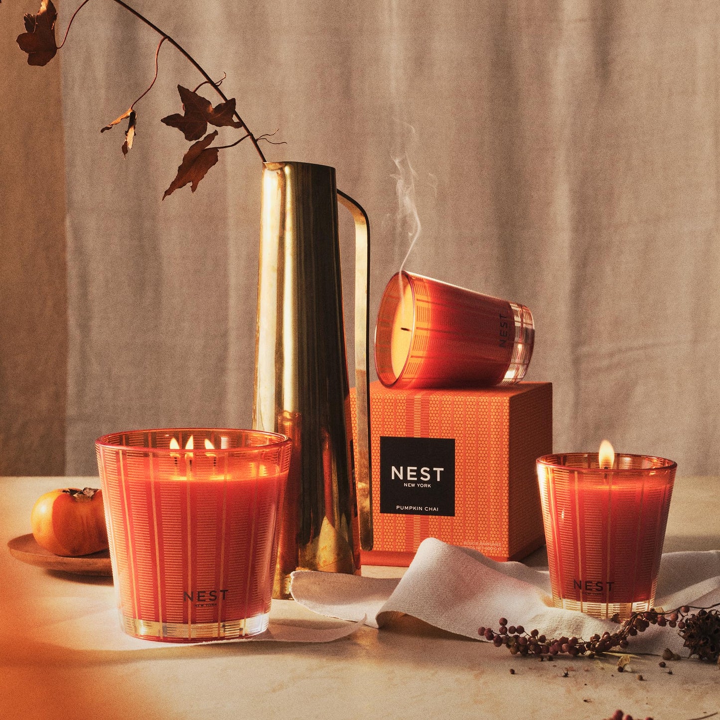 NEST New York Scented Luxury 4-Wick Candle, Pumpkin Chai - 43.7 oz - Up to 120-Hour Burn Time - Reusable Glass Vessel