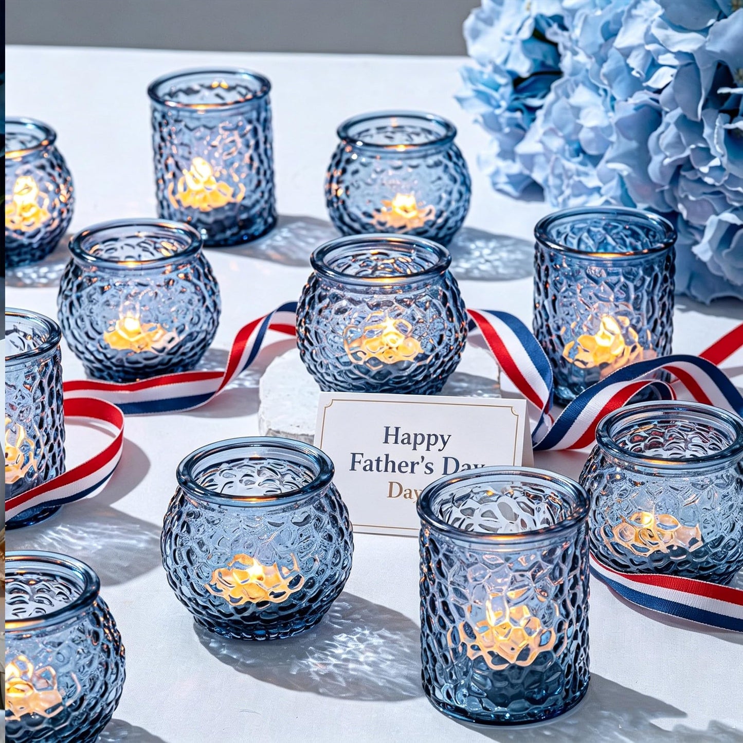 WELLIFE 24-Piece Blue Glass Votive Candle Holders Set – Tealight Candle Holder Glass Bulk with 12 Round & 12 Hammered Textured Cups, Blue Votive Candle Holders for Weddings, Parties, Home