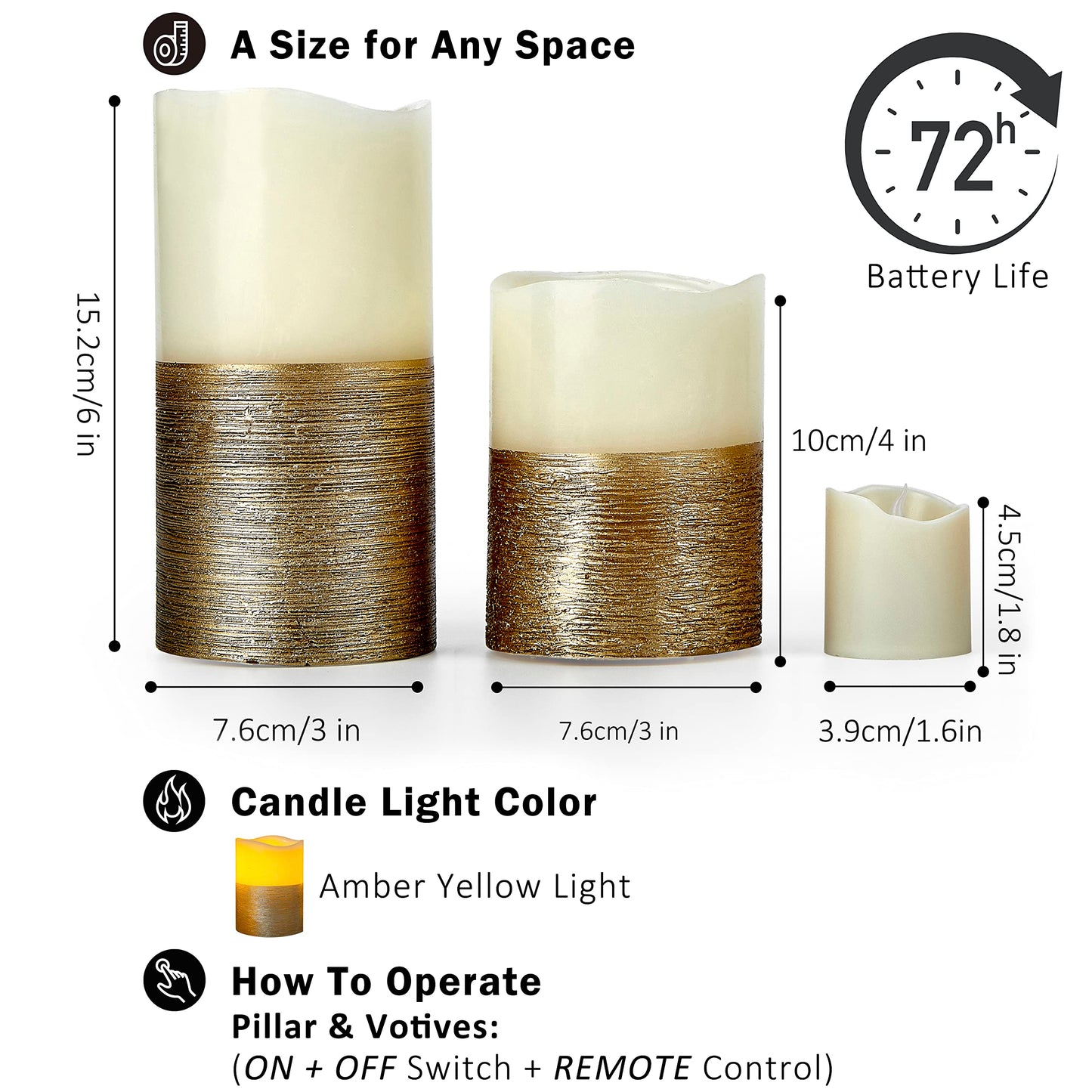 FURORA LIGHTING Gold Trim Flameless Candles - Real Wax, Adjustable Brightness, Remote & Timer - 4 Pillars (3x4, 3x6) and 4 Votives, 8-Pack, Battery Operated