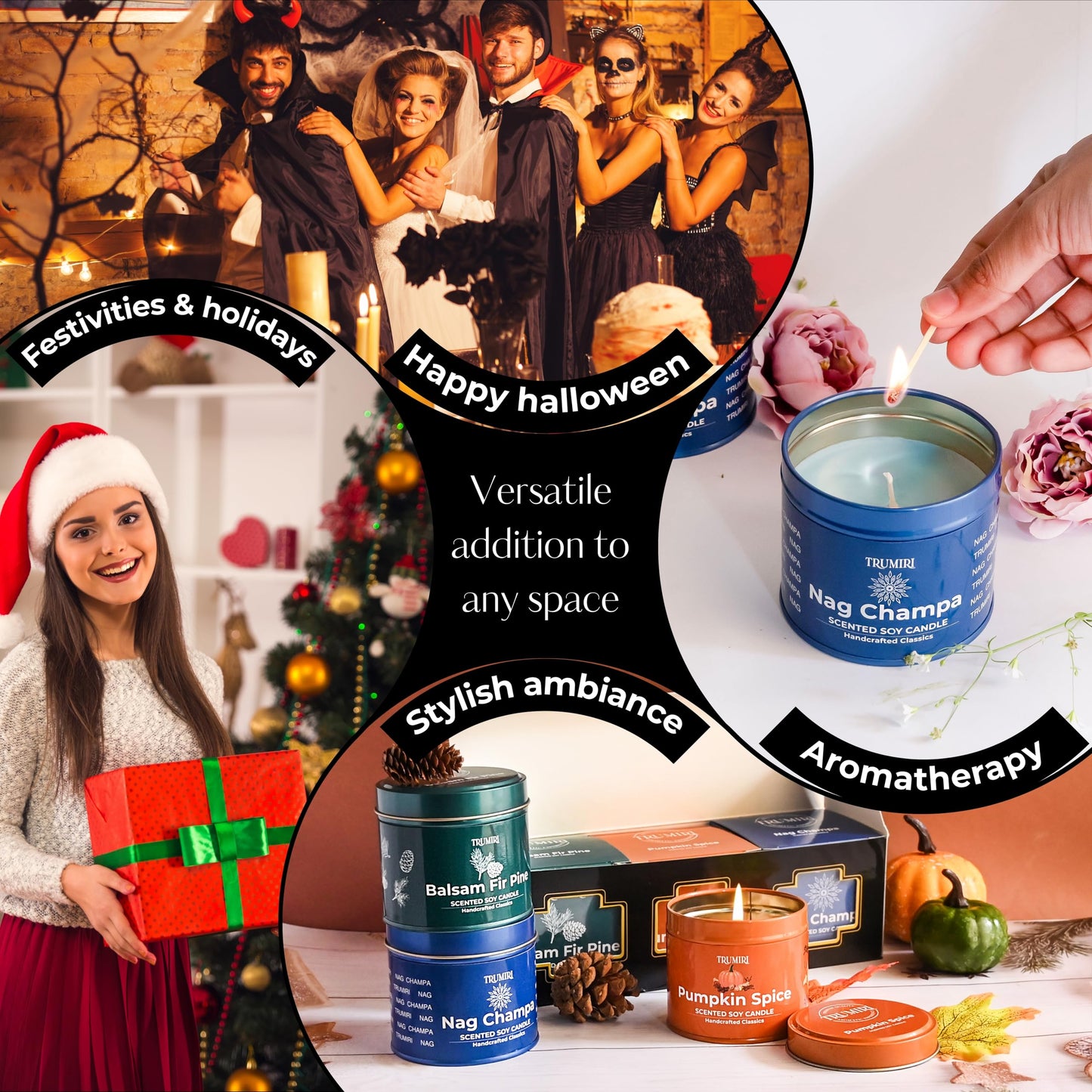 Balsam Fir Pine, Pumpkin Spice, Nag Champa - Soy Candles Non Toxic - Highly Scented Long Lasting with Essential Oils - Variety Pack of 3 x 5oz - for Home Aromatherapy Meditation Gift Travel