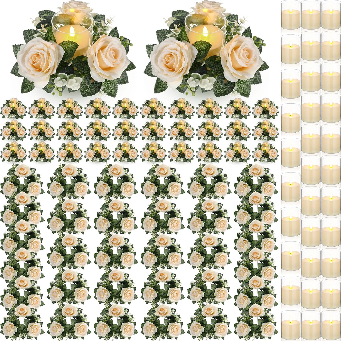 Yunlly 32 Pcs Rose Candle Rings with Flameless Candles Sets, Artificial Flower Eucalyptus Wedding Centerpiece 3 Inch Pillar Candleholders Wreaths for Wedding Party Mother's Day (Champagne)