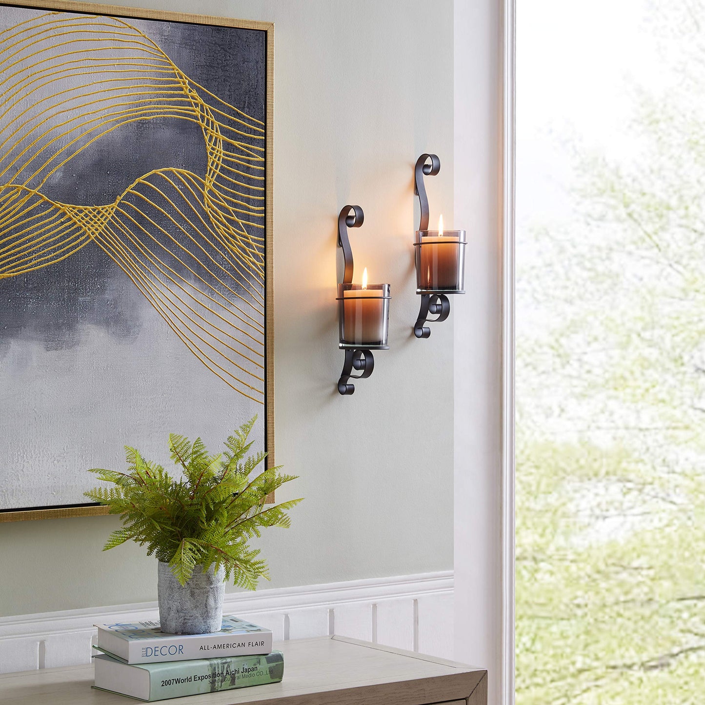 Danya B. 14.5" Vintage Black Wall Sconce Candle Holder Set of 2 with Smoke Glass Hurricanes and Iron Metal Frames, Rustic Style, for Standard Pillar or Flame-Less LED Candles