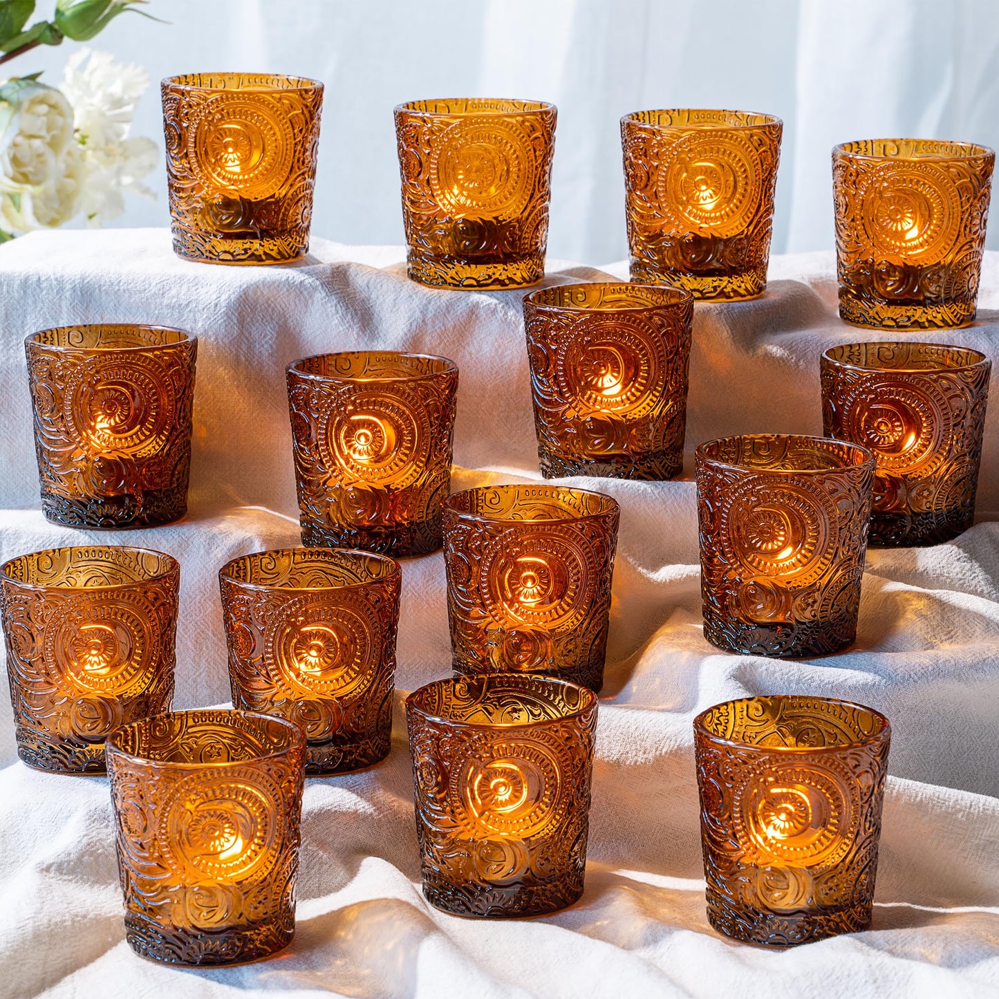 6 Pack Sun Moon Star Embossed Glass Tea Light Candle Holders - Votive Candle Holders for Wedding, Party, Home Decor, and Table Centerpieces (Chestnut Brown)