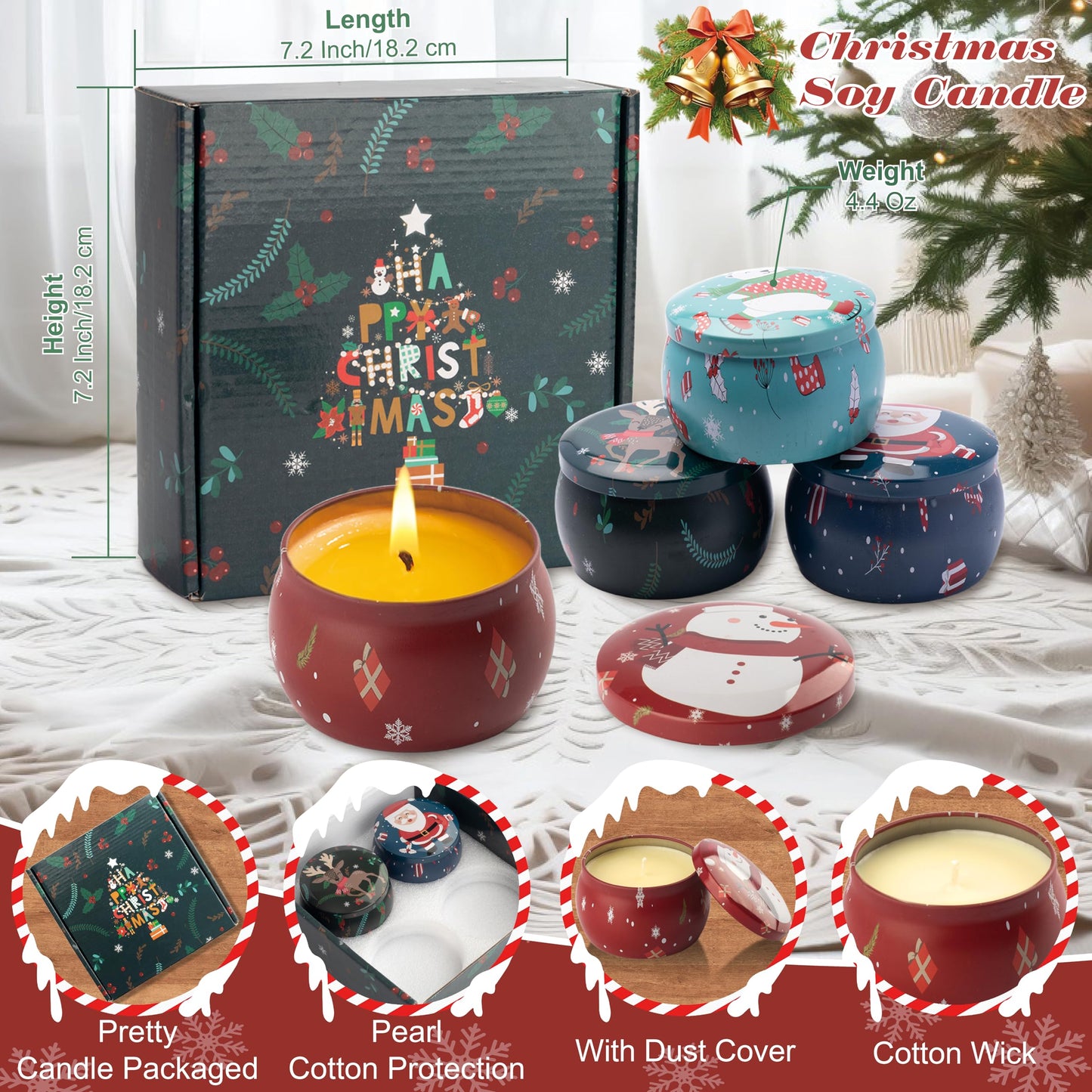 Auralome Christmas Scented Candles Gifts - Xmas Candle Gift Set for Women Men Aromatherapy Soy Wax Natural Small Festival Aroma Candle Gift 4 PCS 4.4 Oz for Mothers Day Birthday Diwali Teachers Girls