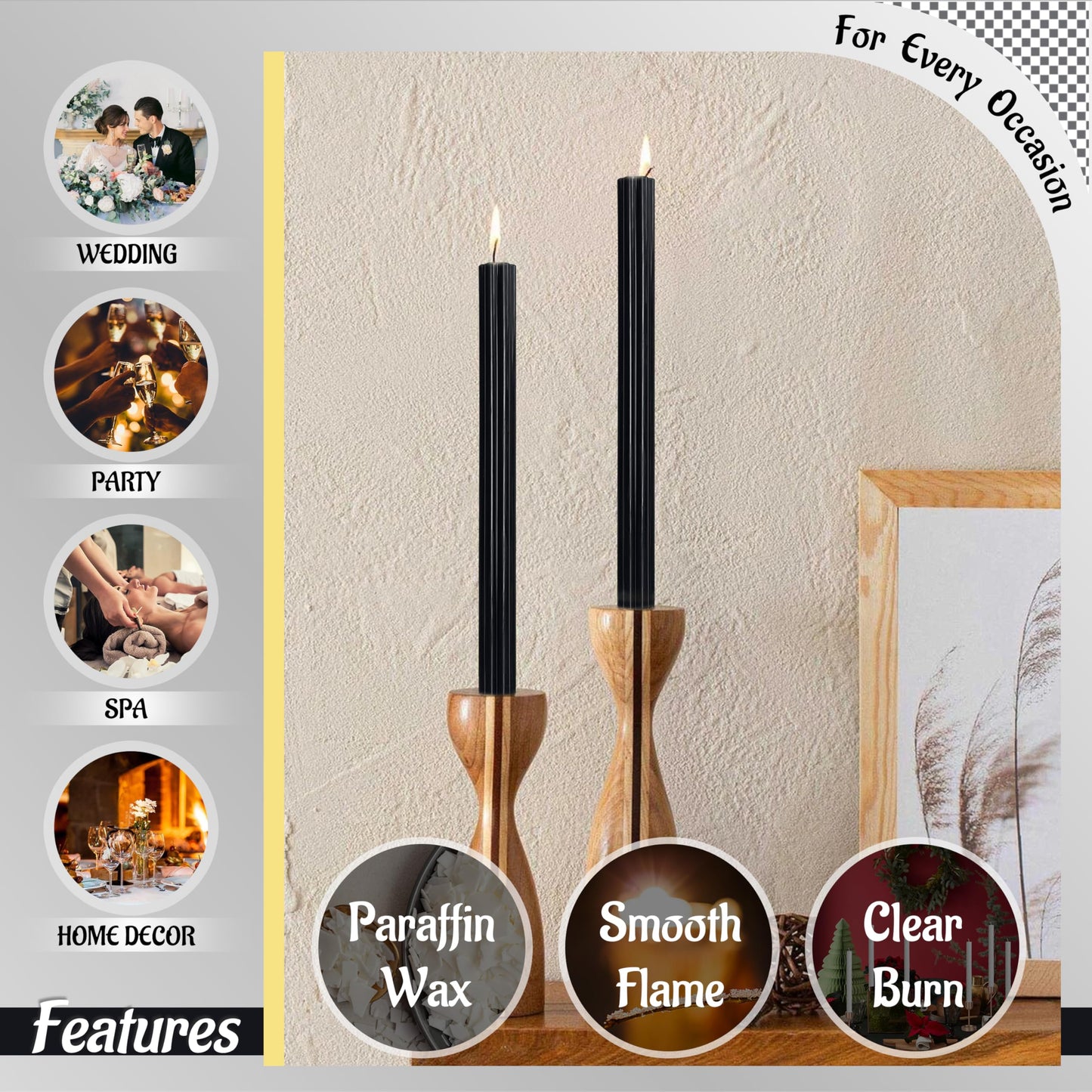 Dripless Taper Candles Unscented Black Candlesticks 10 Inch Smokeless Long Candle Handmade Ribbed Candles for Table Home Decoration Holiday 2 PCS