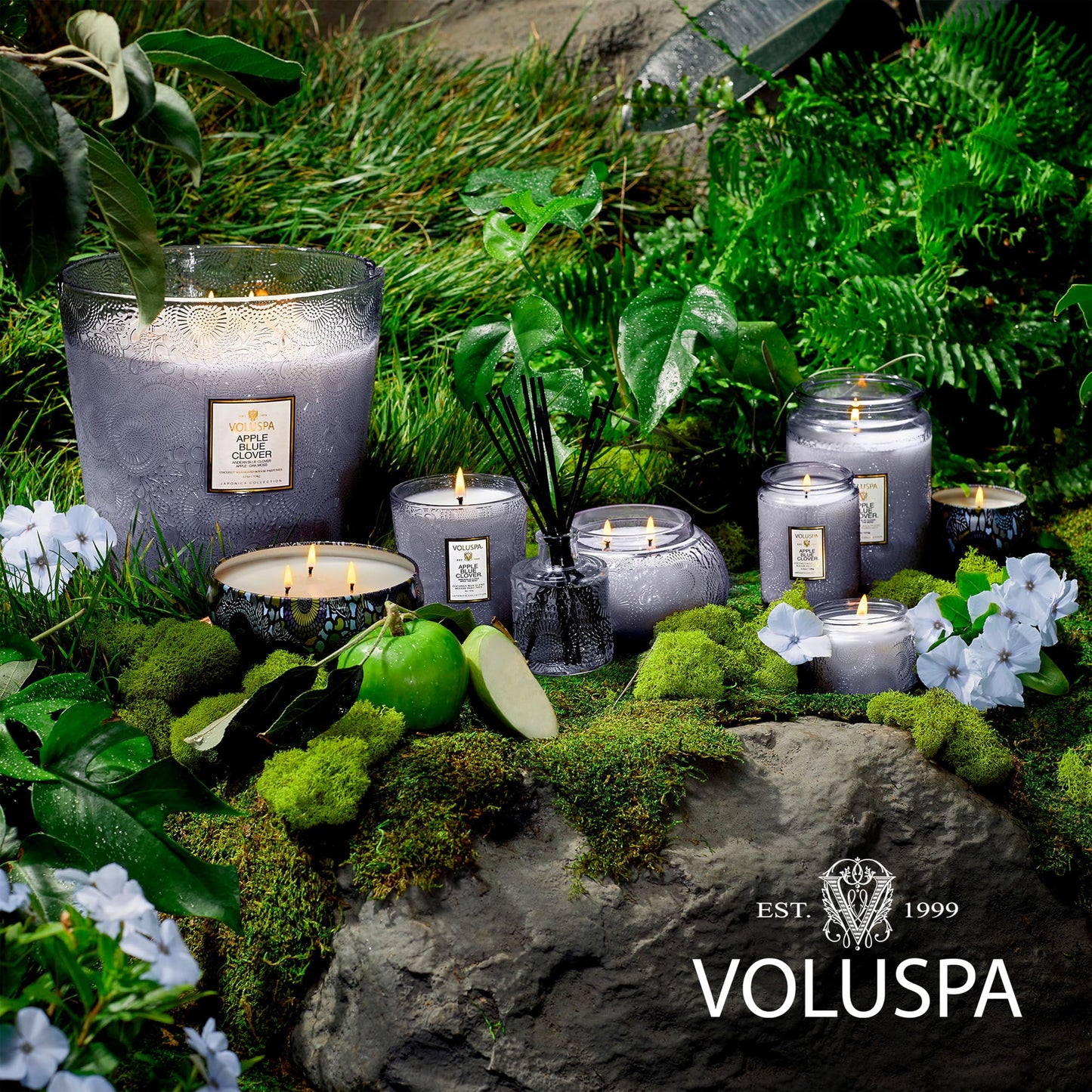 Voluspa Apple Blue Clover, Mini Tin Candle, 4 oz, 25 Hour Burn Time, Coconut Wax for Clean Burning, Handcrafted in the USA