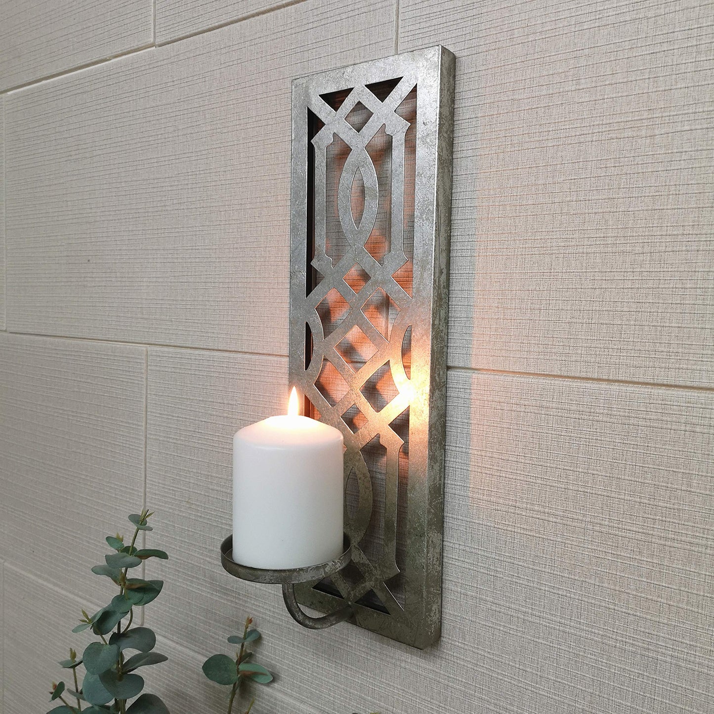 Hosley Set of 2 Iron Wall Pillar Candle Sconce 16.5 Inch High Mid Century Modern Silver. Ideal Gift Wedding Special Occasions Home Office Spa Aromatherapy, Gardens O4