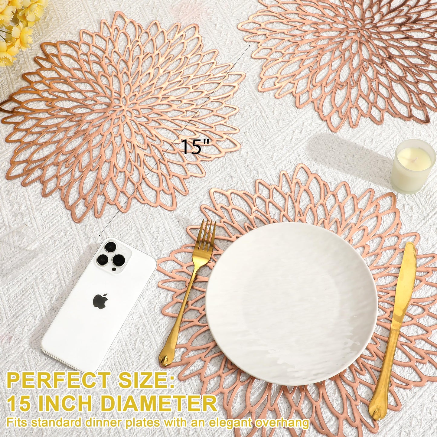 Set of 12 Round Placemats Rose Gold, Heat-Resistant PVC Table Mats with Luxury Metallic Glossy Finish for Thanksgiving Christmas Wedding Party Decor, Easy to Clean