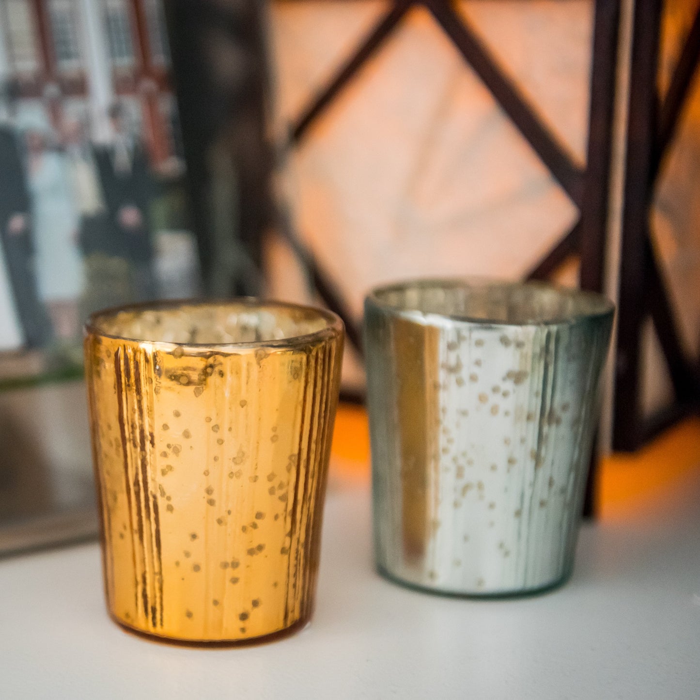 Insideretail Mercury Glass Tea Light Holders, Vertical-with Distressed Orange Foil, 7cm, Set of 48, 48 Count