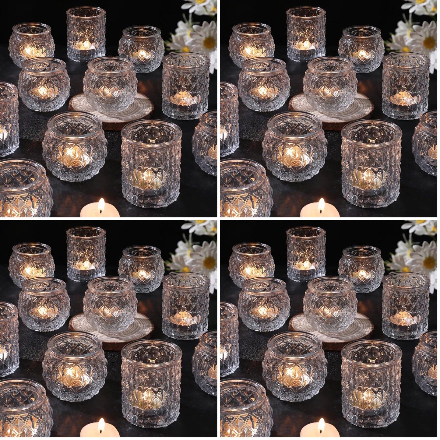 DARJEN Clear Votive Candle Holders Set of 24- Round Glass Candle Holders Bulk for Tea Light Candle, Embossed Candle Votives for Wedding Centerpiece, Various Parties & Home Decor (Pack of 4)
