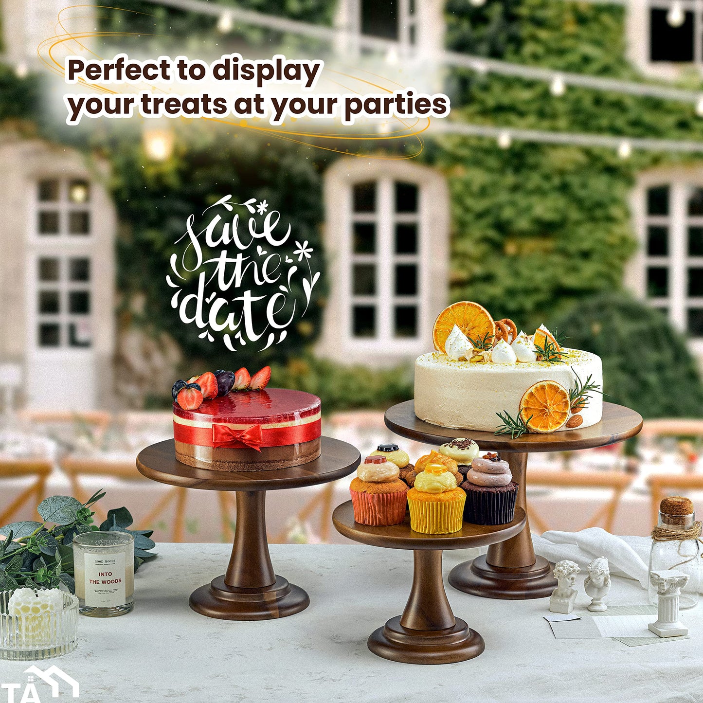 TIDITA Set of 3 Acacia Wood Cake Stand Set – Wooden Rustic Farmhouse Cupcake Stand - Wedding and Birthday Decorating Cake Pedestal Stand - Dessert Display Serving Use at Parties, Restaurants, Birthday